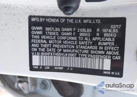 2017 Honda Civic Ex z USA, uszkodzony, nr VIN SHHFK7H55HU416957